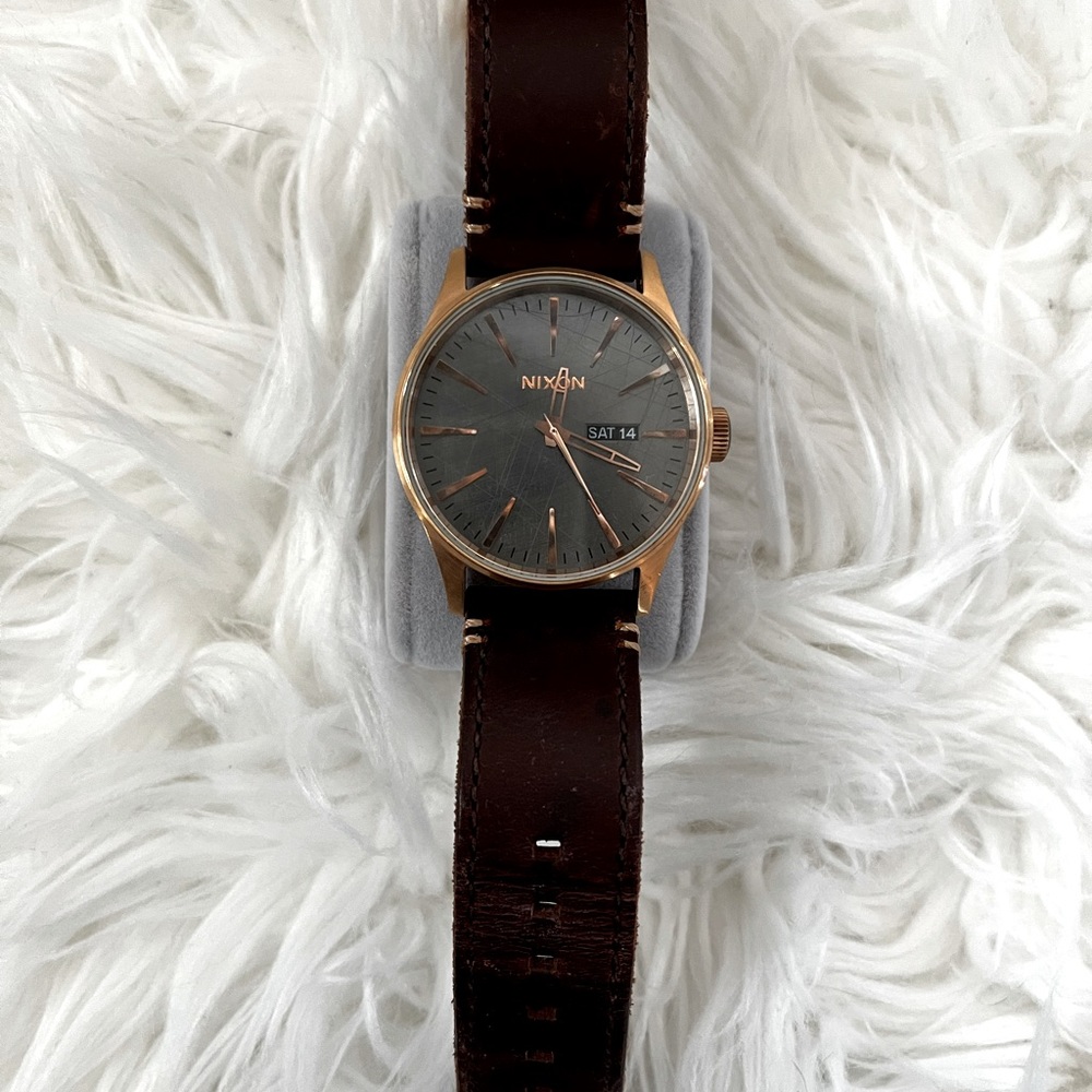 Nixon Sentry Time Teller Watch Rose Gold/Gun Metal/ Brown Leather